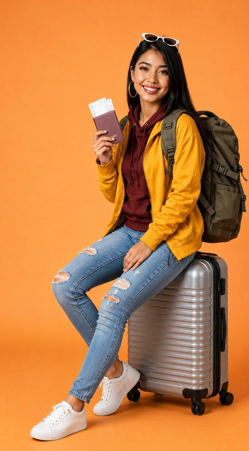 年轻女性旅行者坐行李箱手持护照