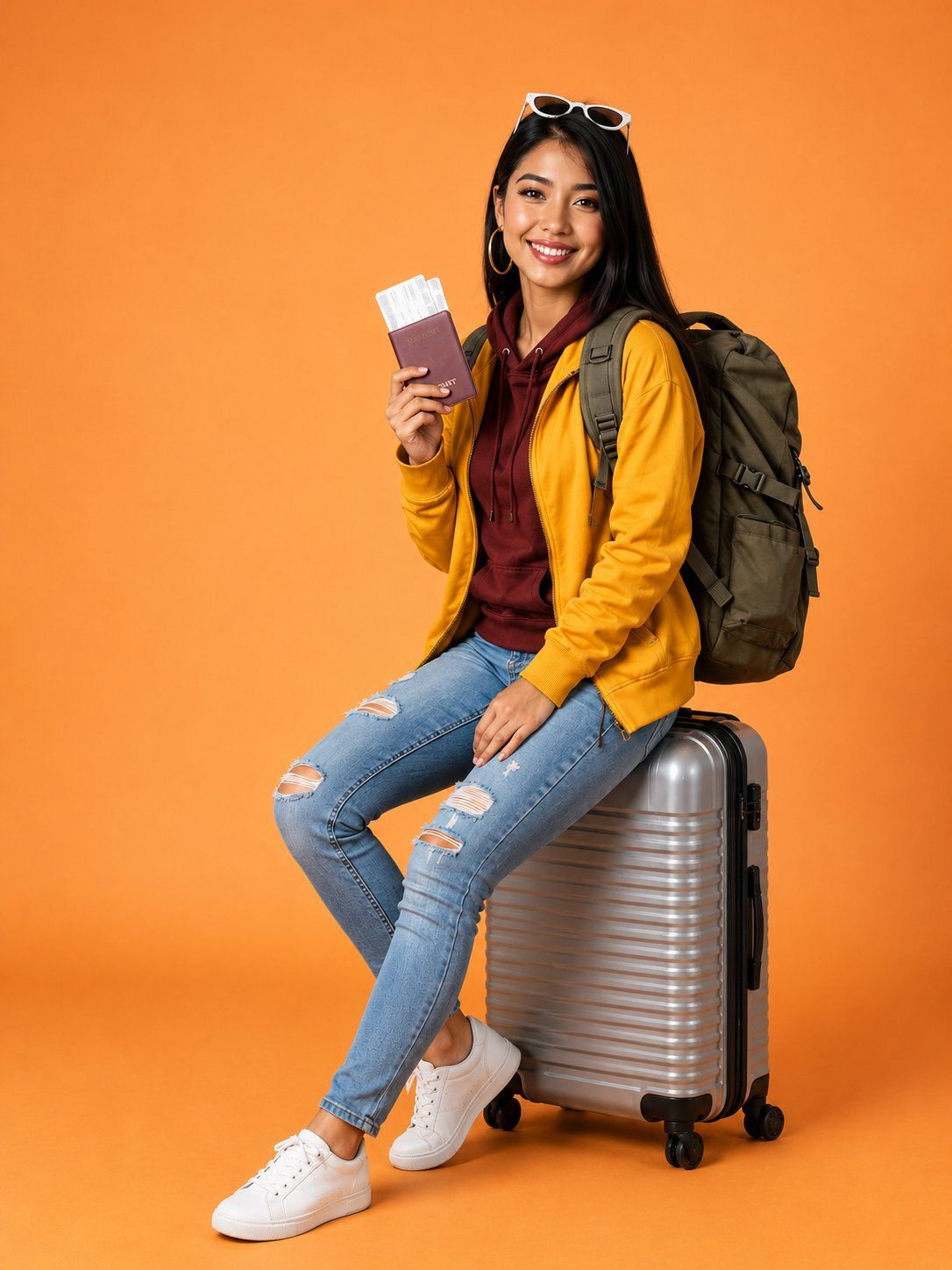 年轻女性旅行者坐行李箱手持护照