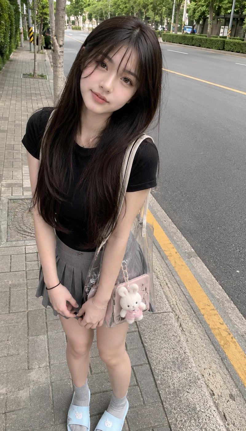 街道旁穿黑色T恤的日本少女生活快照