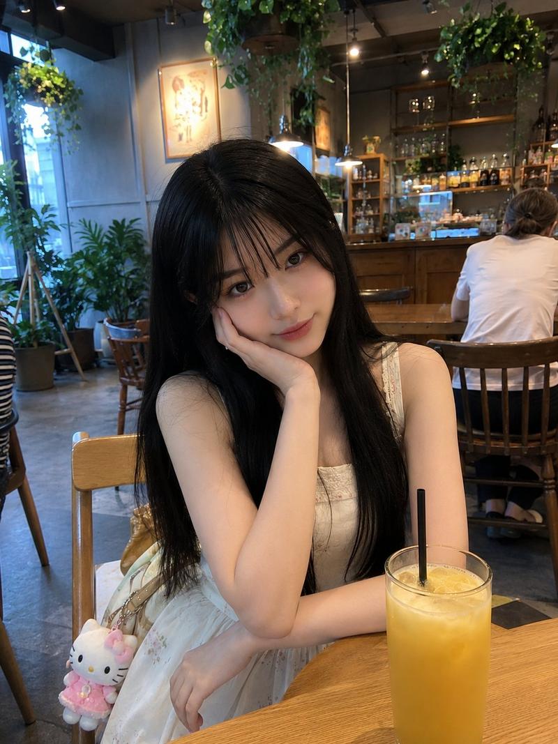 咖啡馆里的长发日本少女手机随拍