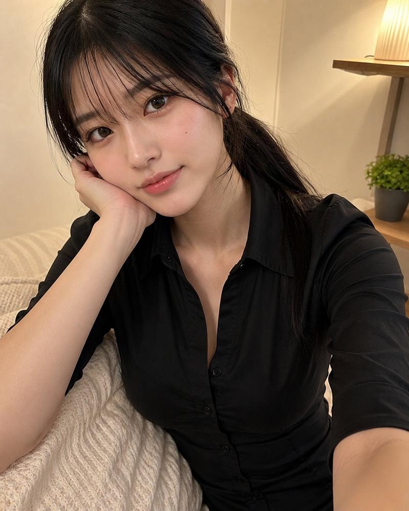 日系少女校服低马尾居家手机自拍