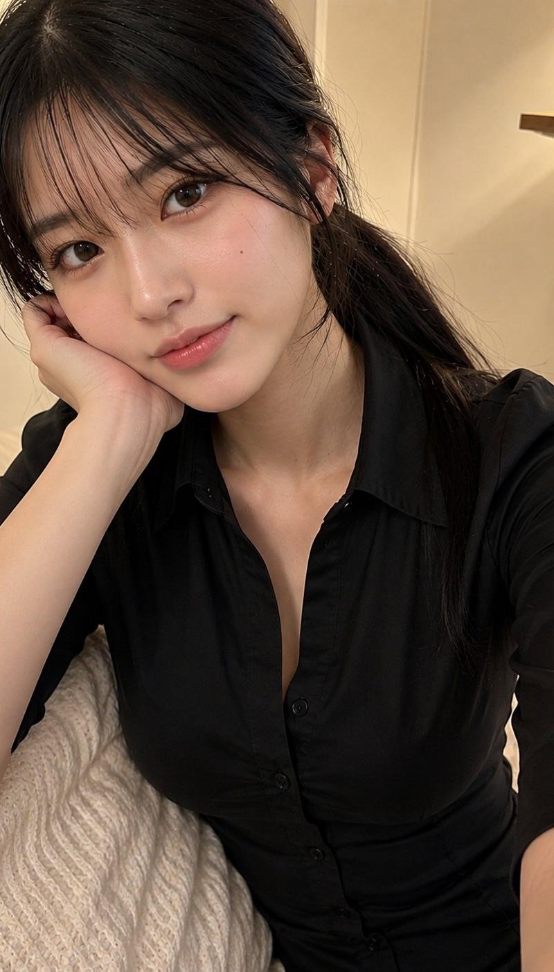 日系少女校服低马尾居家手机自拍