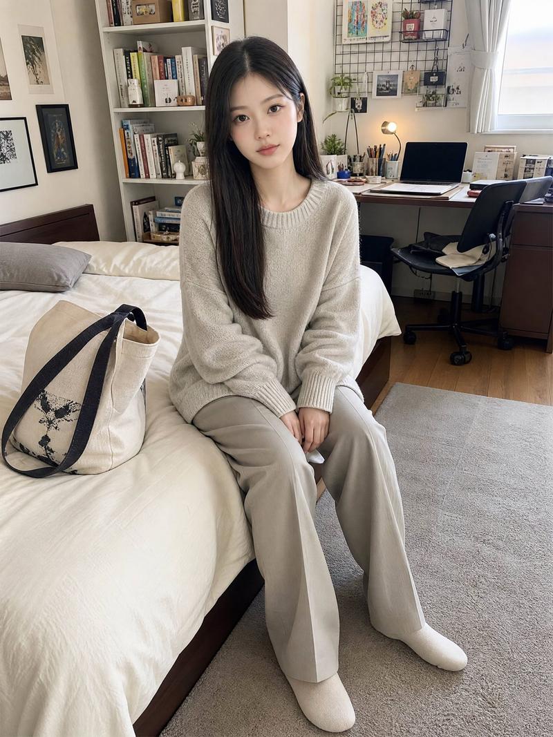 舒适公寓卧室中的年轻日本女性生活快照