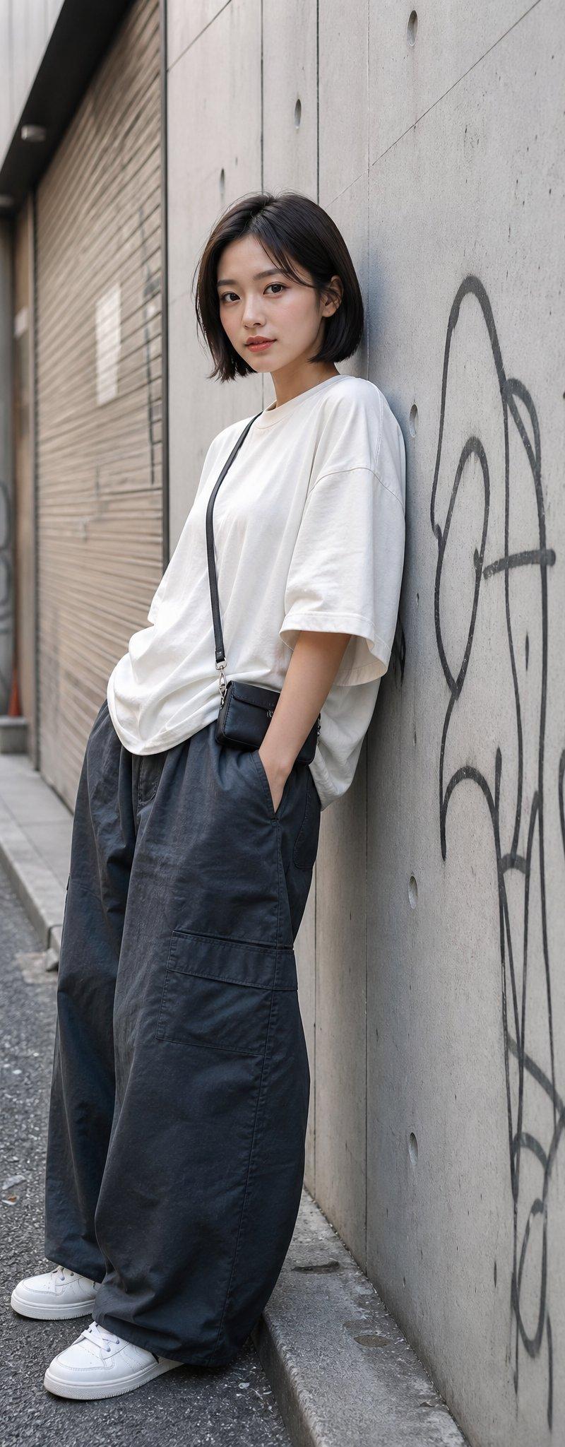 靠墙而立的短发日本女性写实人像