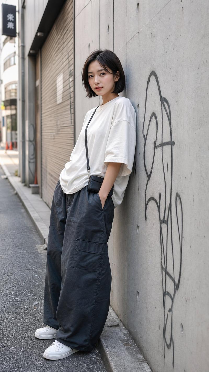 靠墙而立的短发日本女性写实人像