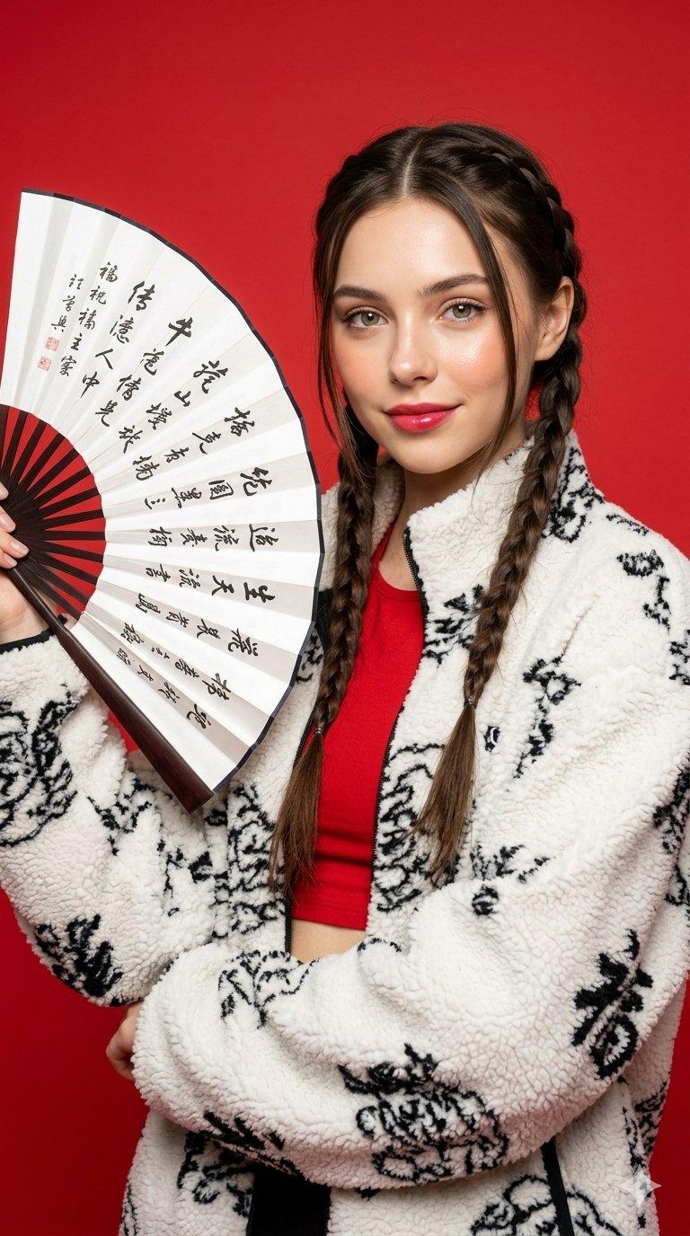 红色背景持扇浅绿棕眼年轻女性肖像