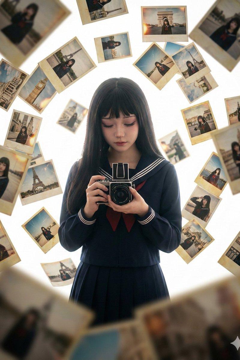 零重力下的自拍梦境:被漂浮照片包围的胶片少女