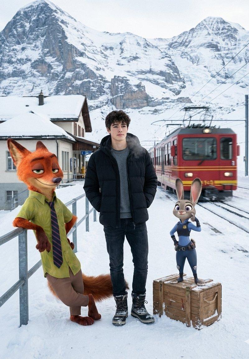 疯狂动物城搭档与真人的阿尔卑斯雪站之旅