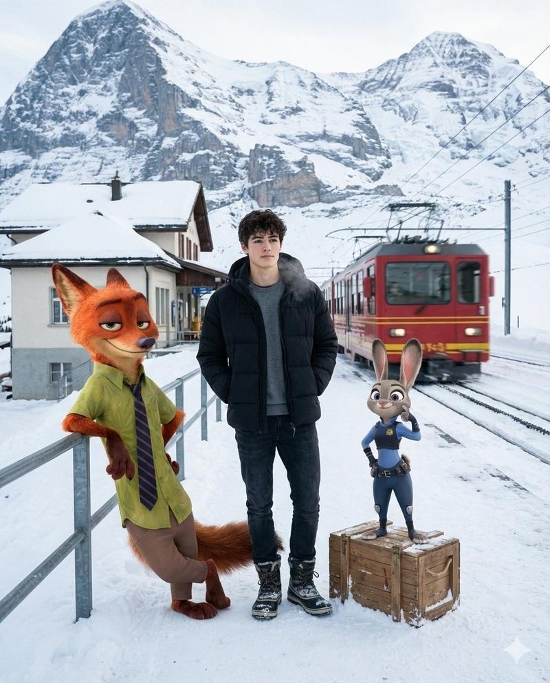 疯狂动物城搭档与真人的阿尔卑斯雪站之旅