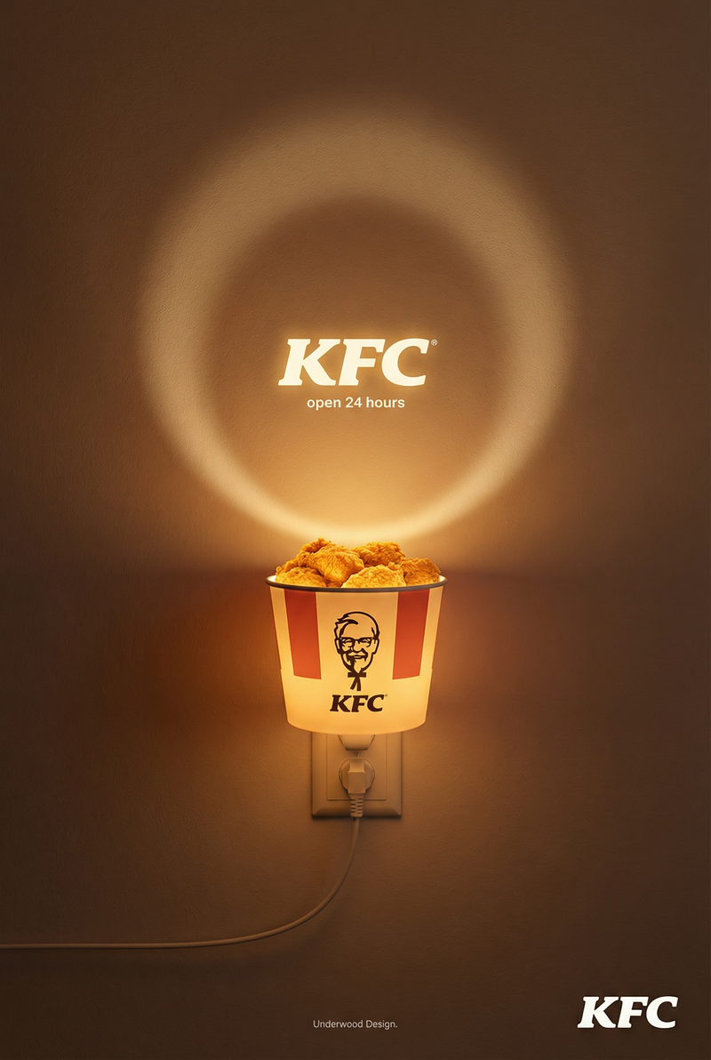 The creative poster places a KFC bucket transformed into a nightlight at the cen