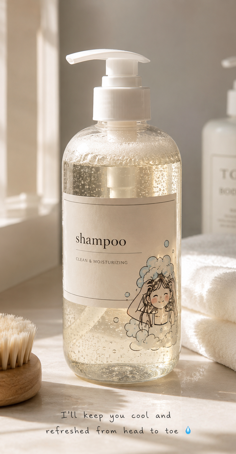 Ultra-realistic skincare and bathroom product photography of a transparent shamp