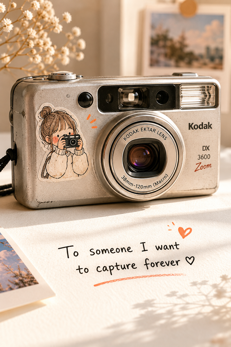 Ultra-realistic close-up product photography of a vintage silver compact Kodak p