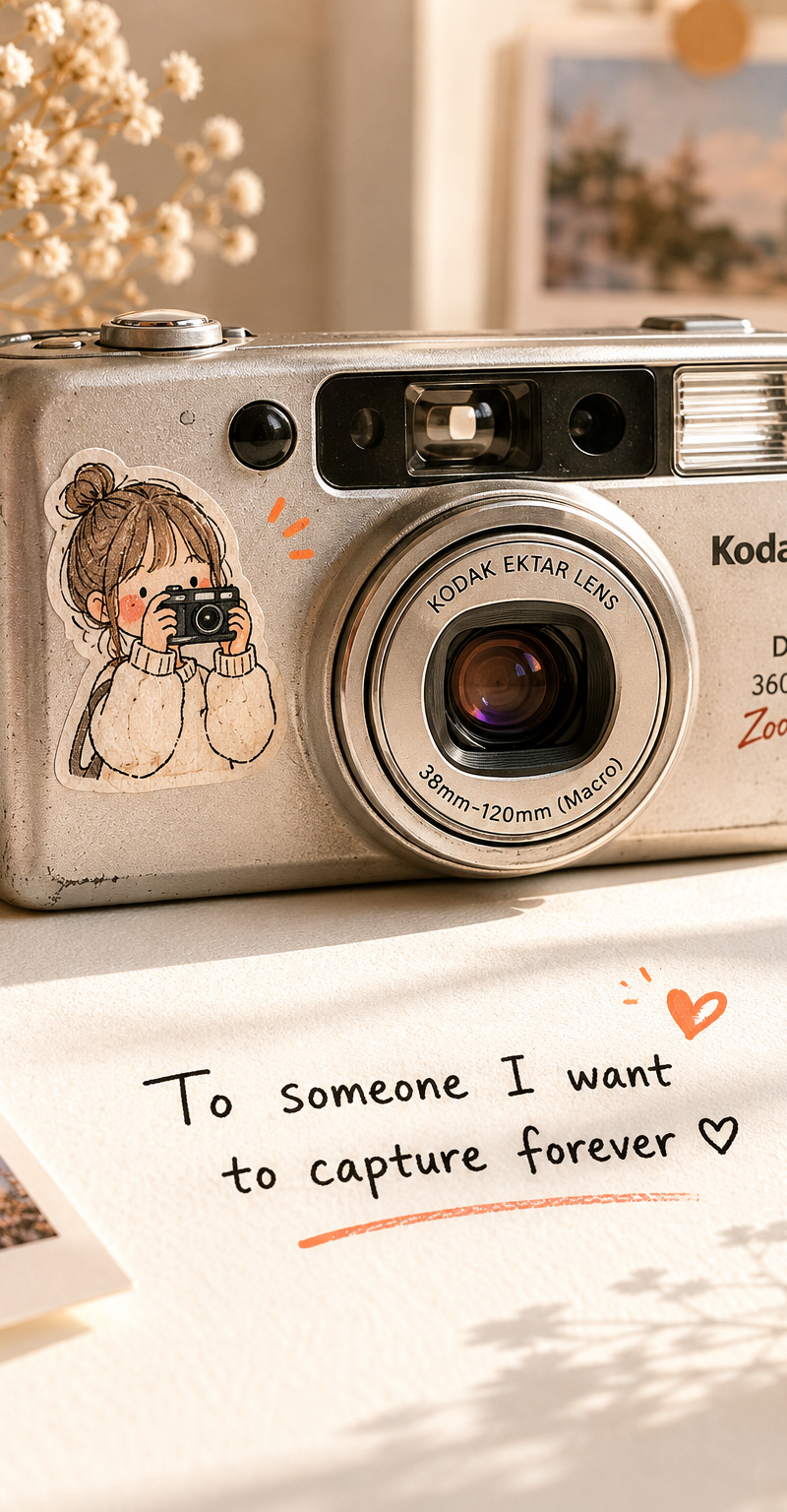 Ultra-realistic close-up product photography of a vintage silver compact Kodak p