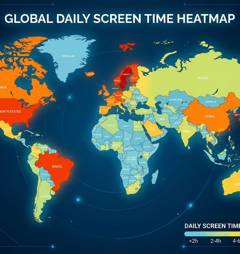 a heatmap of the world by global daily screen time