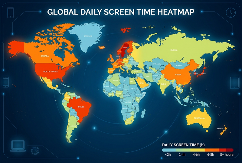 a heatmap of the world by global daily screen time
