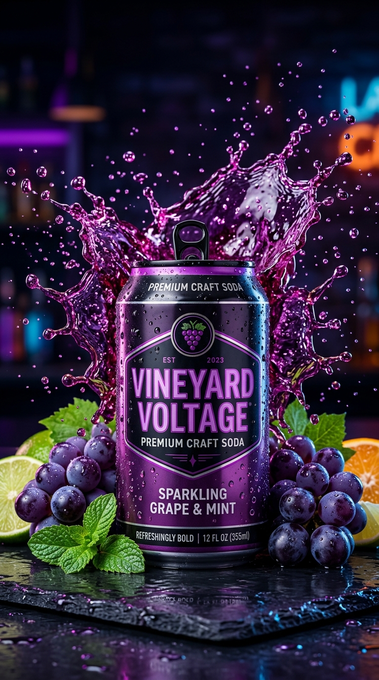 Premium soda can in deep black and purple theme, surrounded by fresh grapes, min