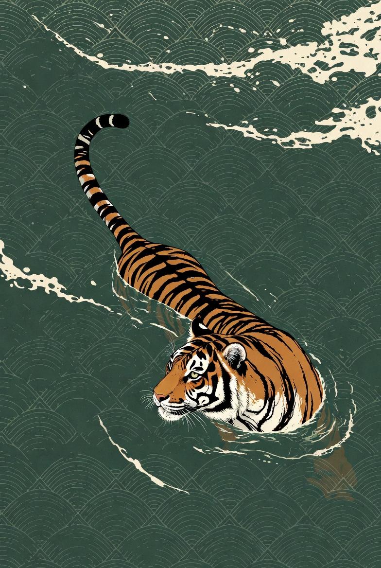 Iridescent glass mosaic with small glowing glass tiles A tiger swimming in deep 