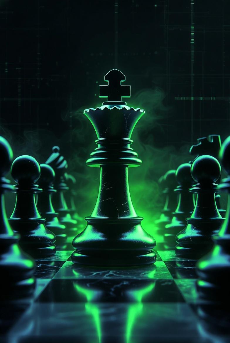 [A powerful glowing chess king piece moving forward decisively] [advancing acros