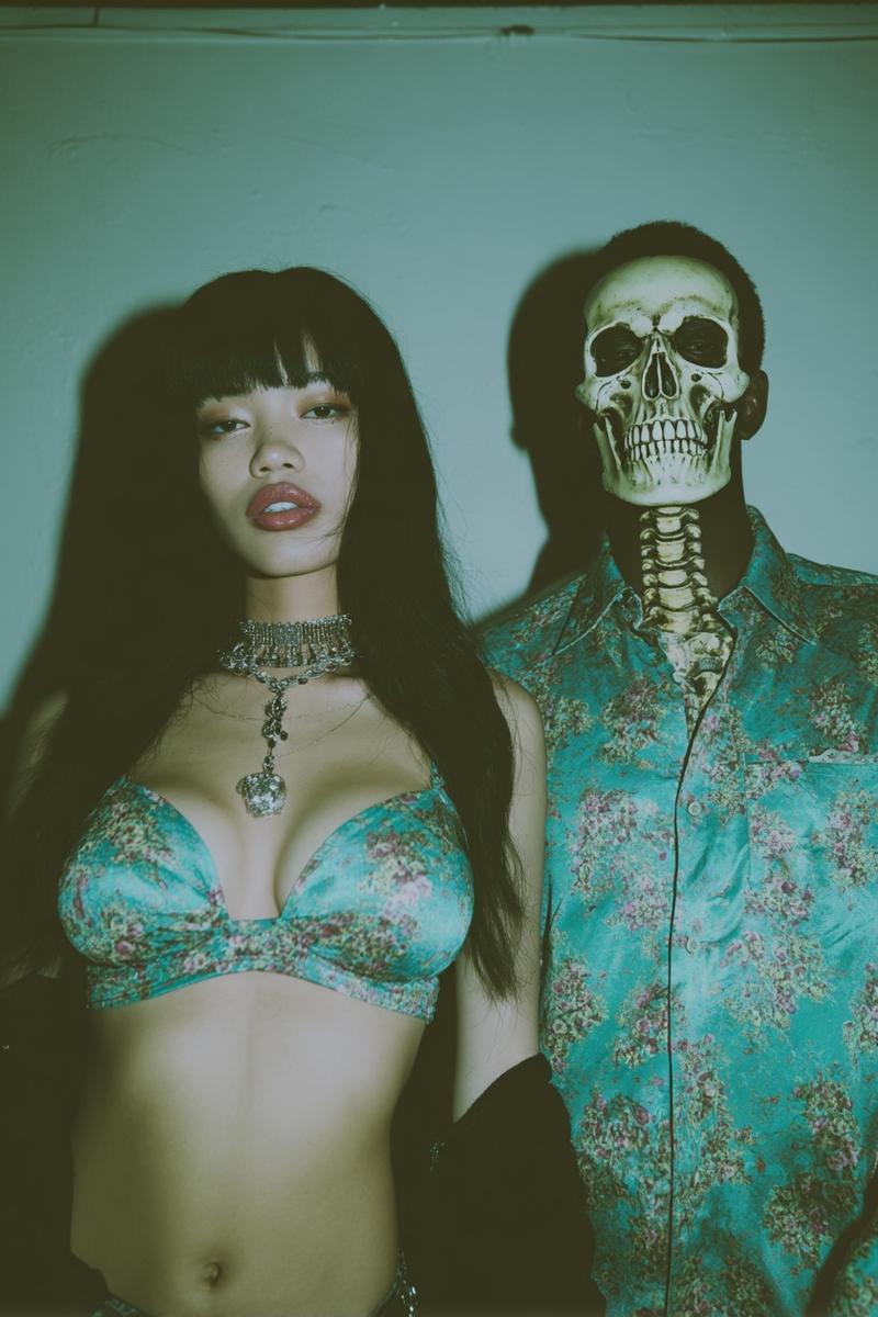 A photograph of an exotic woman standing next to a skeletonized man wearing a te