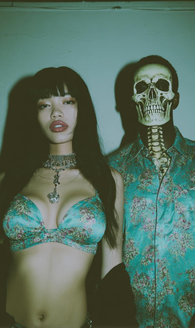 A photograph of an exotic woman standing next to a skeletonized man wearing a te