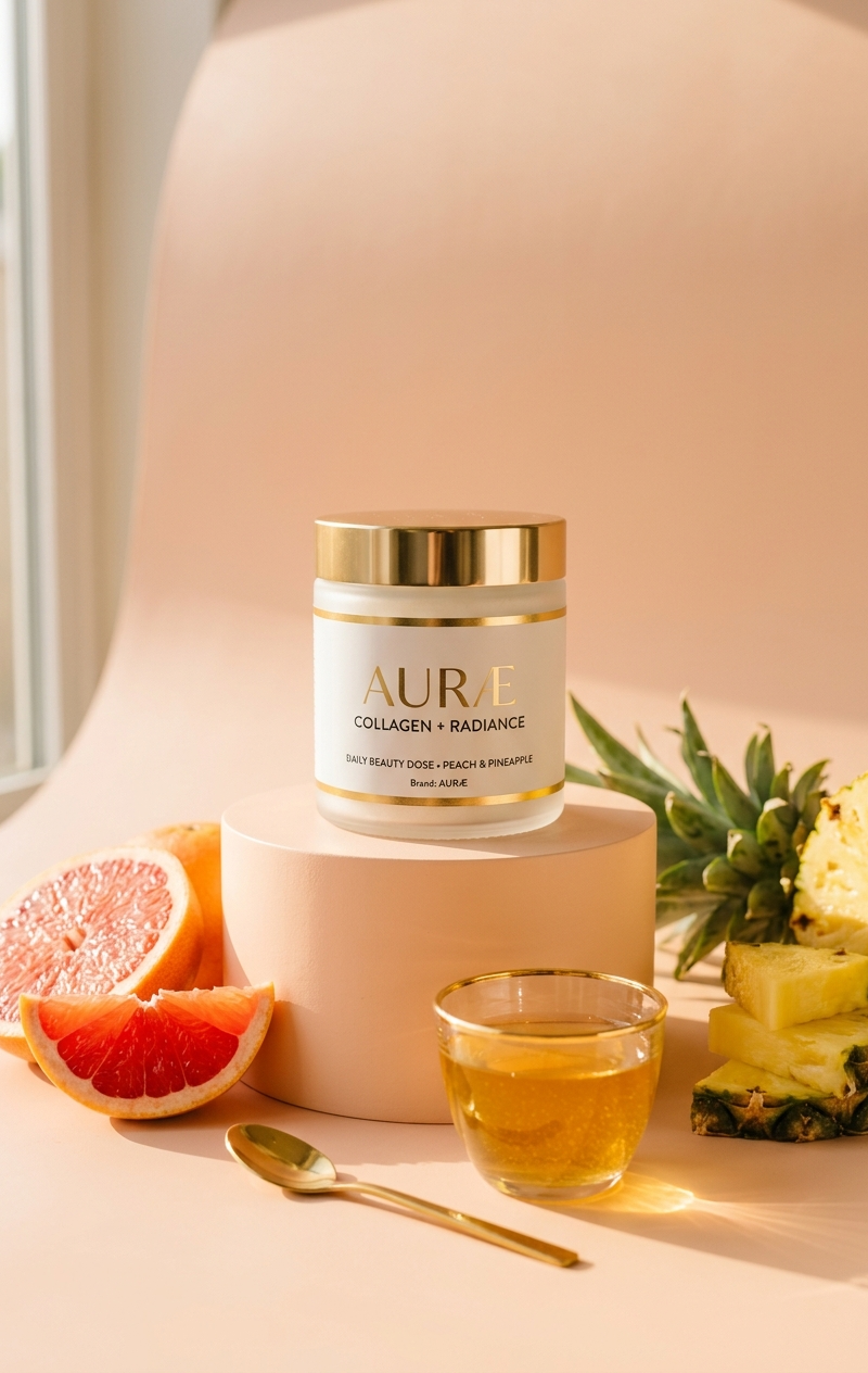 Minimalist luxury product photography of a collagen supplement jar placed on a s