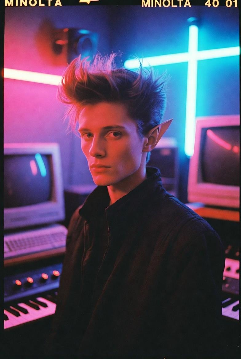 an elf young man from the 1980s, he has small pointy ears, minolta, 35mm film, c