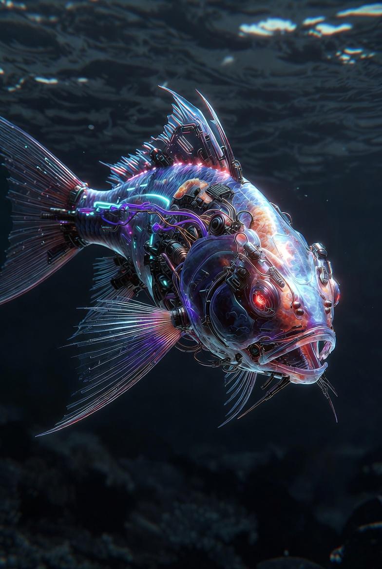 UE5 render of a vicious cyberpunk fish, in the water, photorealistic, modified w