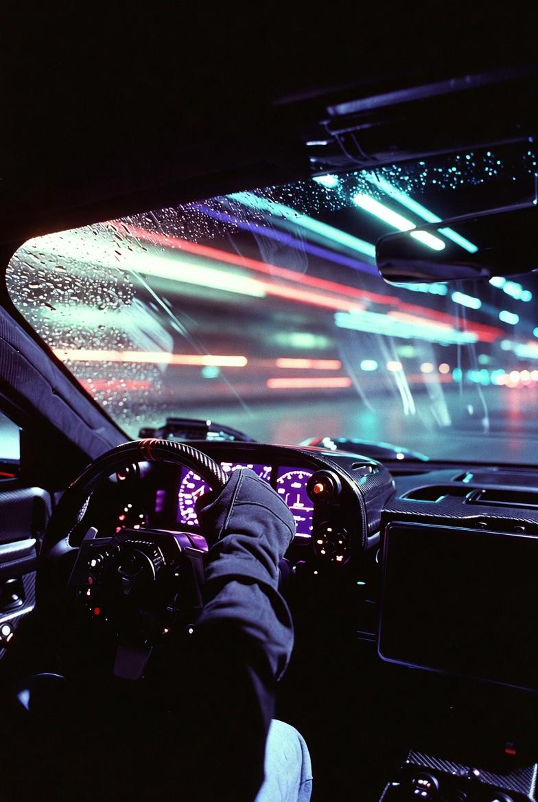 Interior POV from the driver's seat of a hyper-car at night, tight vertical shot