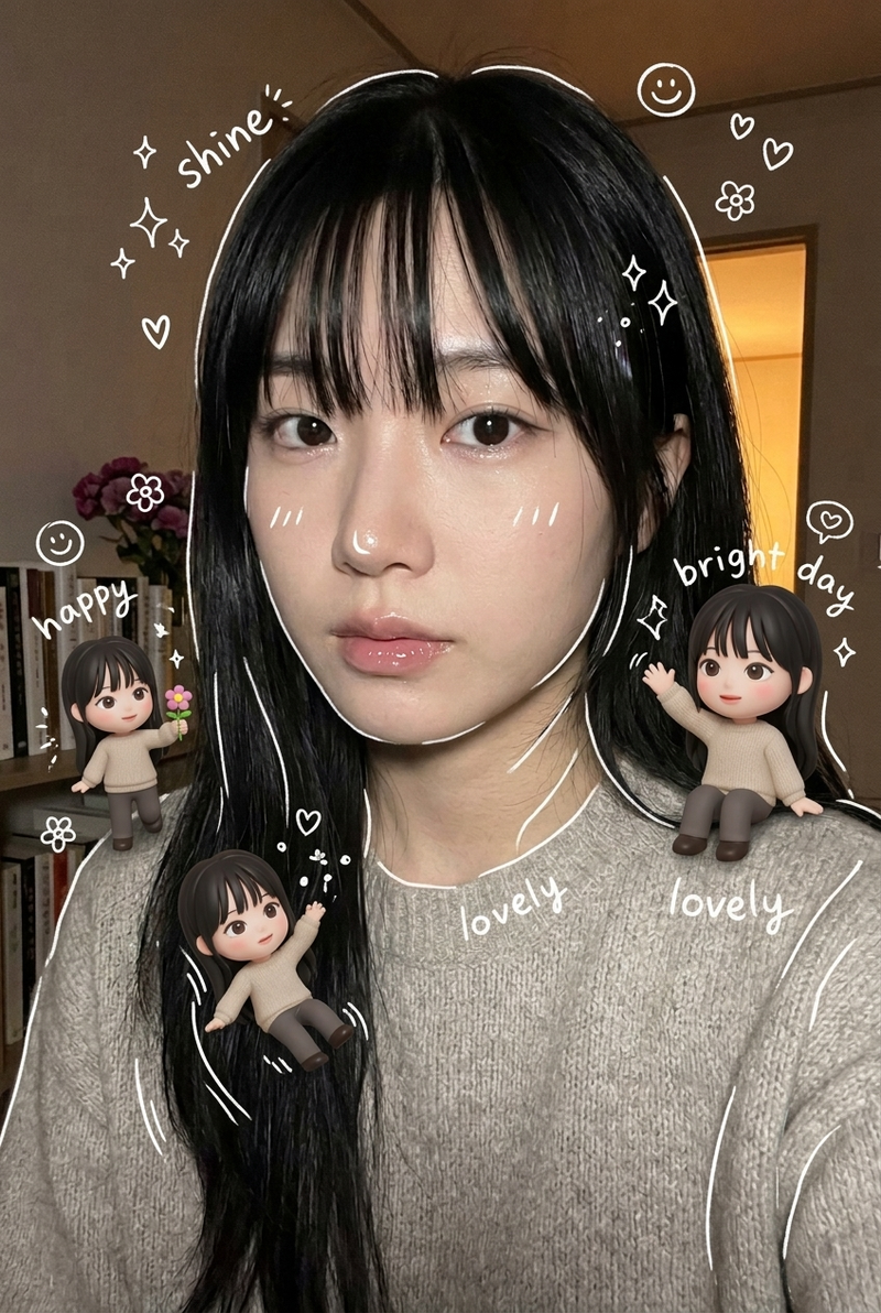 Surrounding the realistic main subject are multiple cute, 3D-style chibi miniatu