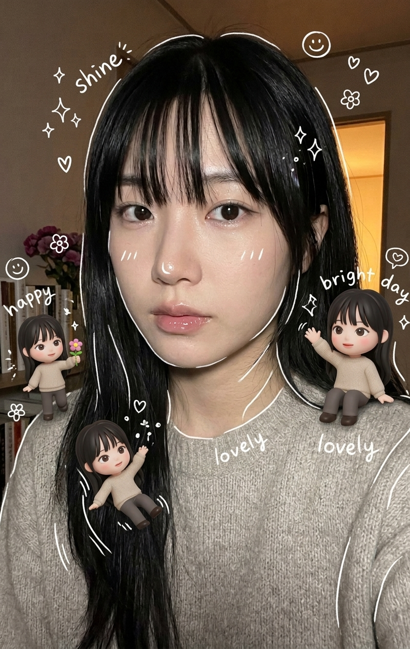 Surrounding the realistic main subject are multiple cute, 3D-style chibi miniatu