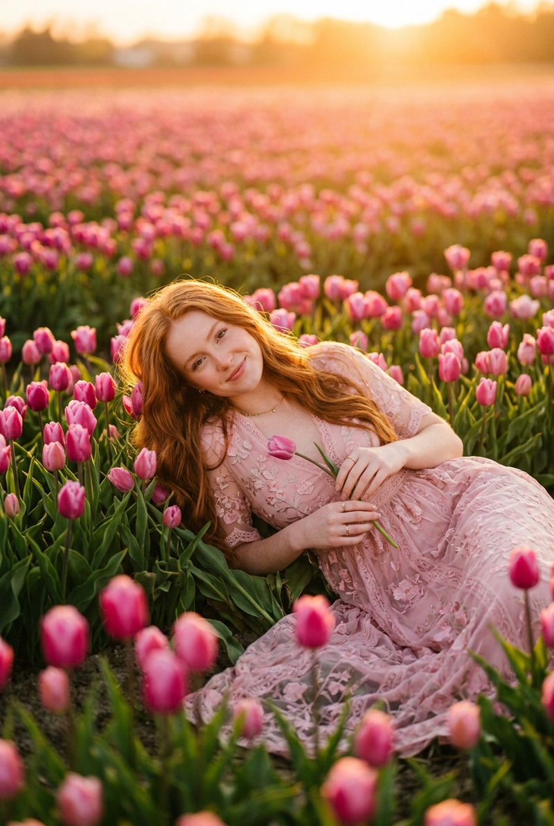 { "prompt": "A dreamy golden-hour portrait of a young woman with long red hair r