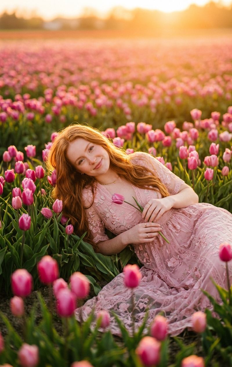 { "prompt": "A dreamy golden-hour portrait of a young woman with long red hair r