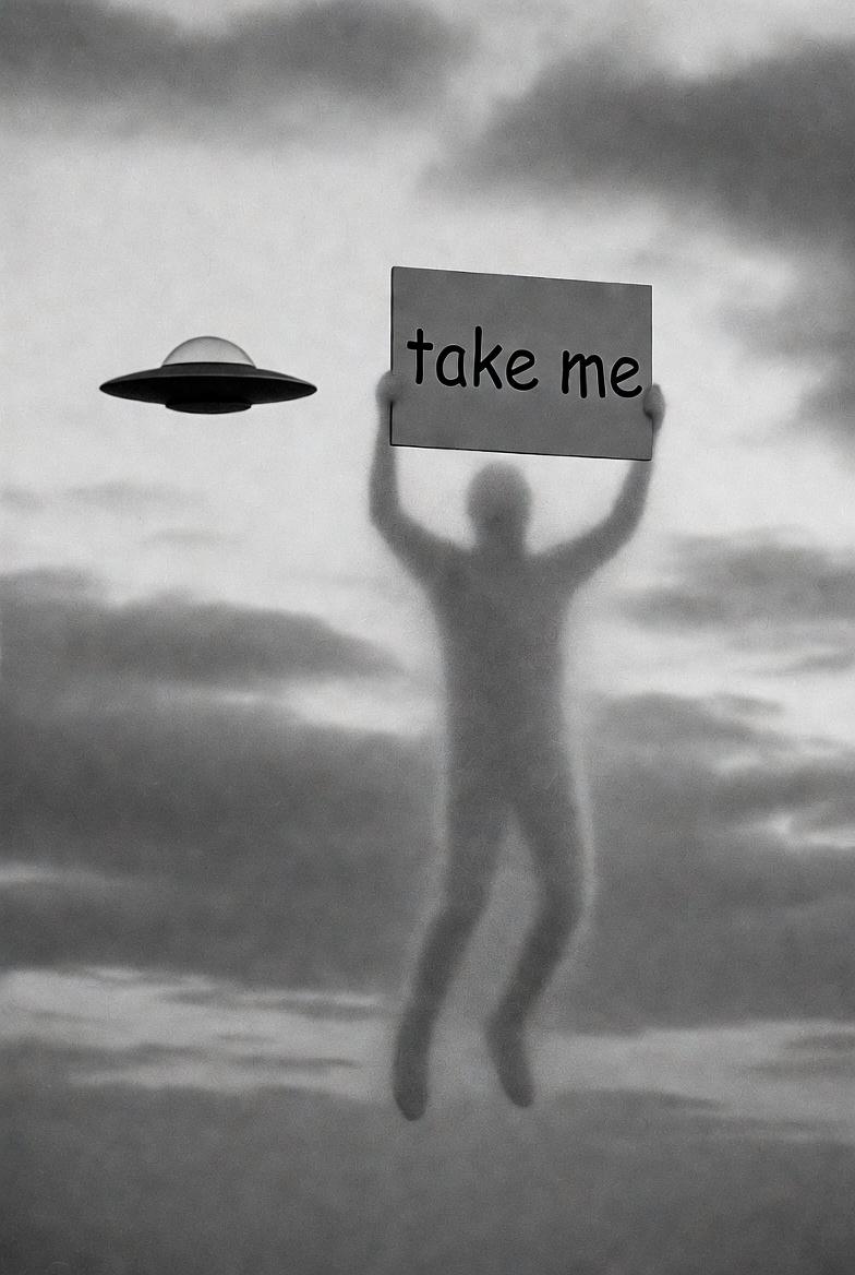 a ghost holding up a "take me" sign while floating above the ground