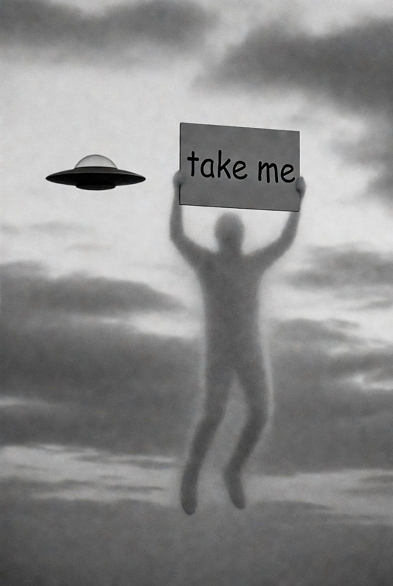 a ghost holding up a "take me" sign while floating above the ground