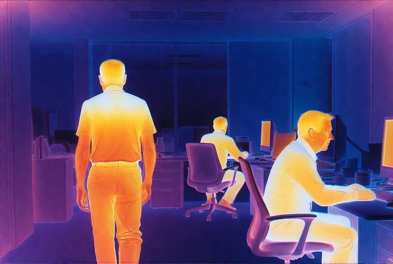 Thermal camera view of a modern office environment, military-grade infrared visi