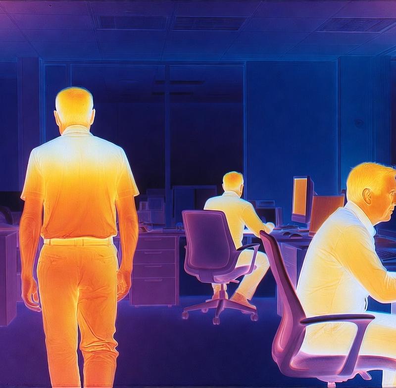 Thermal camera view of a modern office environment, military-grade infrared visi