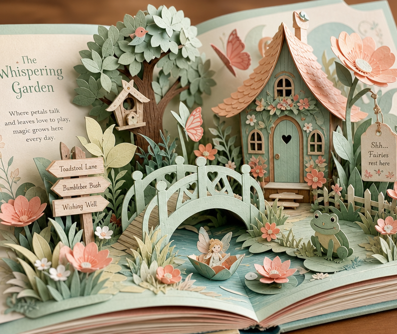 A 3D pop-up book illustration featuring a [subject], with layered paper elements