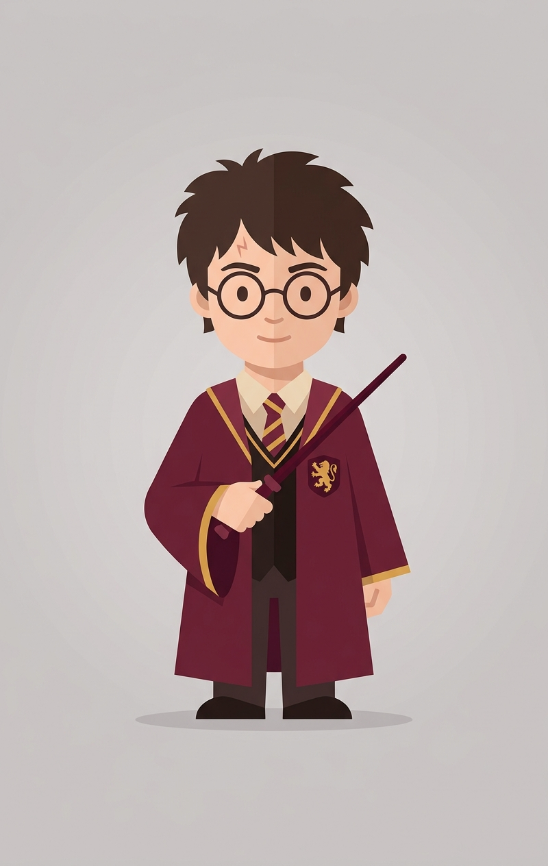 A flat design illustration of Harry Potter holding a wand, presented in a front-