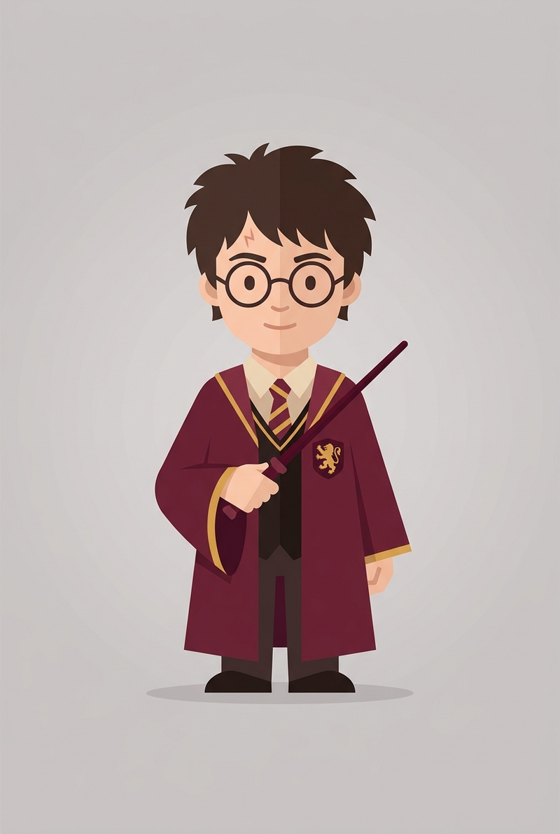 A flat design illustration of Harry Potter holding a wand, presented in a front-