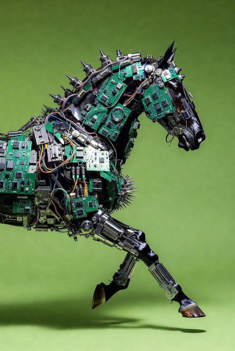 cybernetic horse, fused with machinery, intricate mechanical parts created by cl