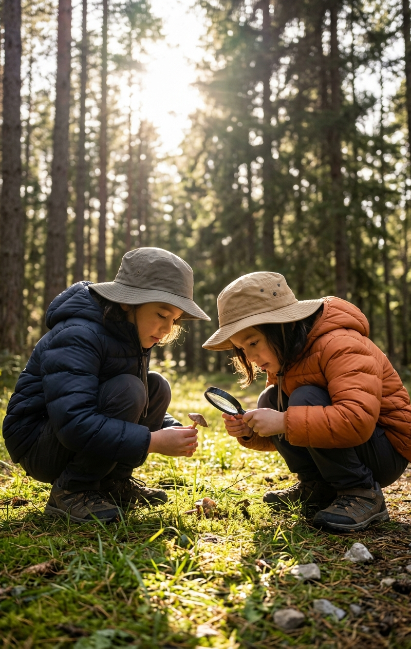 { "subject": { "description": "Two young children crouch close to the forest flo