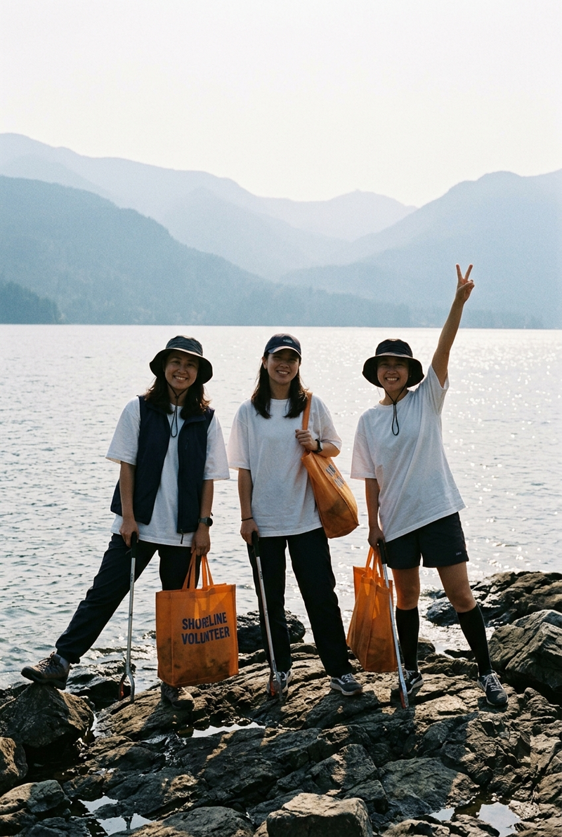 { "subject": { "description": "three young women on a rocky lakeshore, dressed i