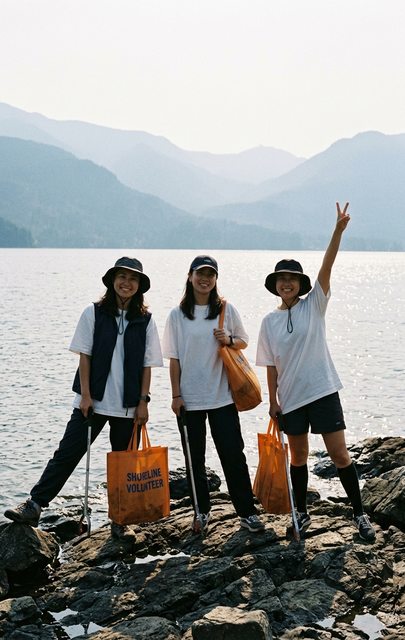 { "subject": { "description": "three young women on a rocky lakeshore, dressed i