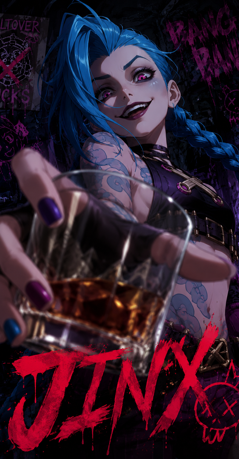 Vertical anime action poster featuring [JINX] from [League of Legends] as the ma