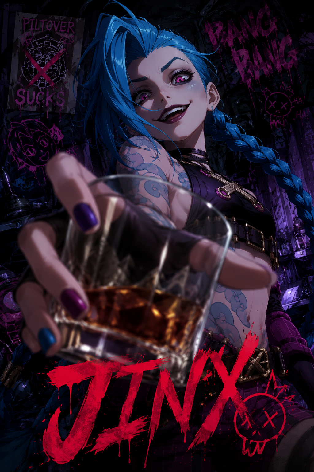 Vertical anime action poster featuring [JINX] from [League of Legends] as the ma