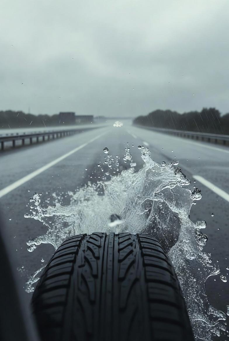 realistic rainy highway scene, close-up of tire dispersing water, detailed splas