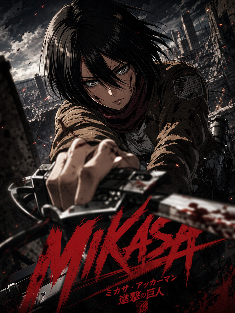 Vertical anime action poster featuring [ADULT MIKASA ACKERMAN]] from [Attack on 