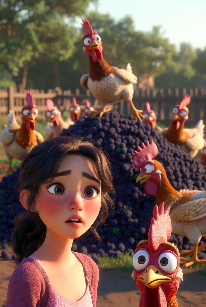 A humorous and detailed 3d Pixar-style animation still of a farmyard
