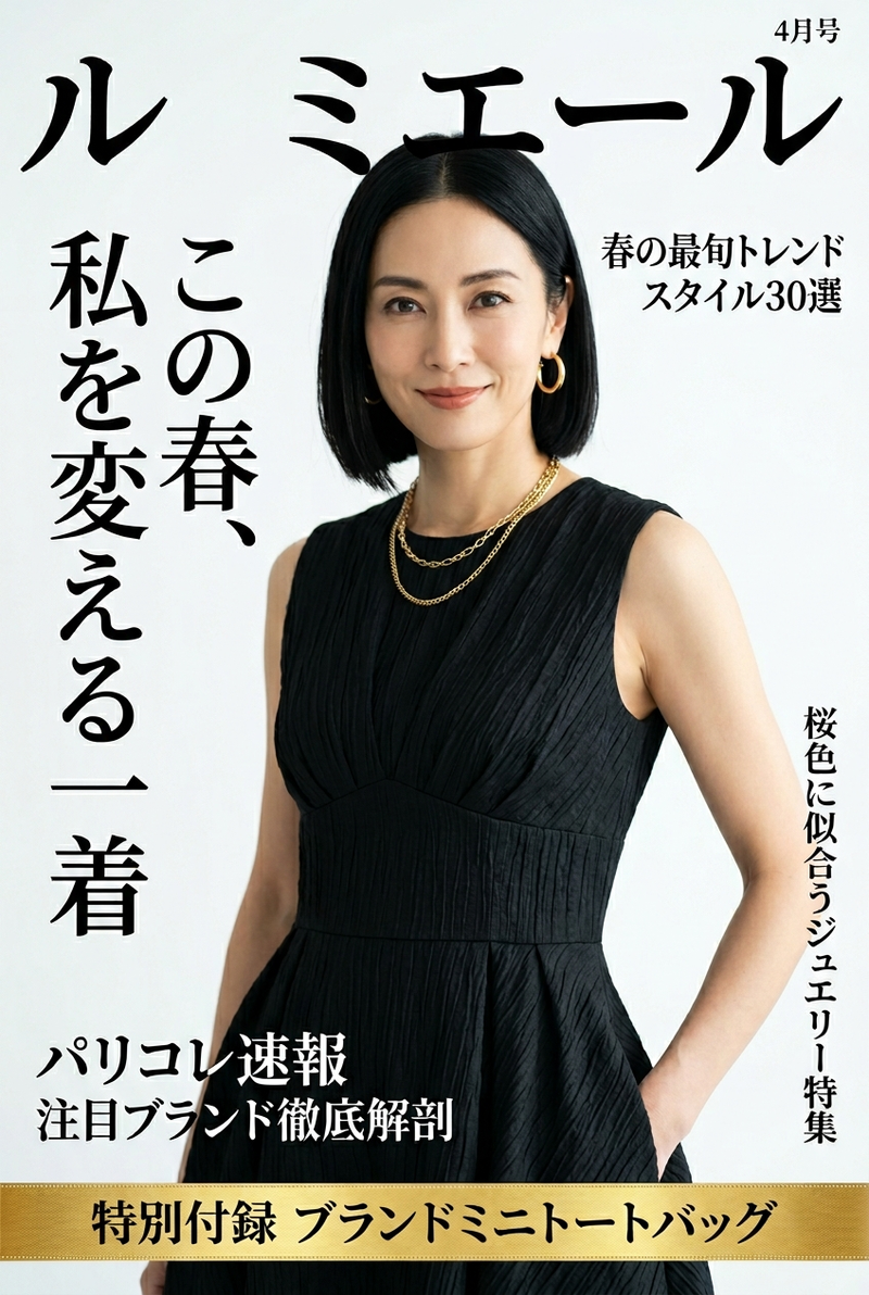 添付の女性と同一人物、同じ顔、同じ髪型、同じピアスとネックレス。高級ファッション雑誌の表紙、アスペクト比9:16、縦長構図、エレガントなスタジオ照明、白背景、豪