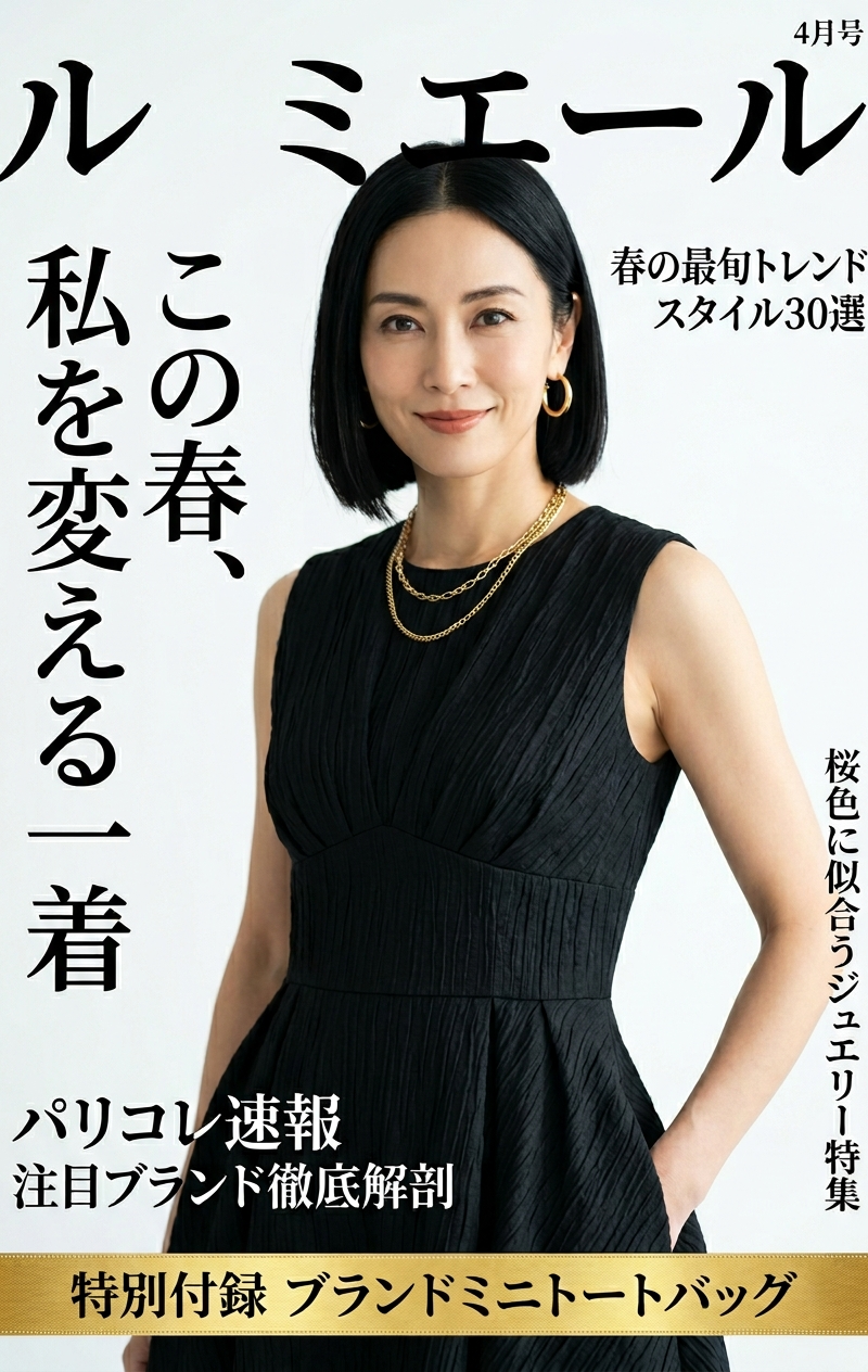 添付の女性と同一人物、同じ顔、同じ髪型、同じピアスとネックレス。高級ファッション雑誌の表紙、アスペクト比9:16、縦長構図、エレガントなスタジオ照明、白背景、豪